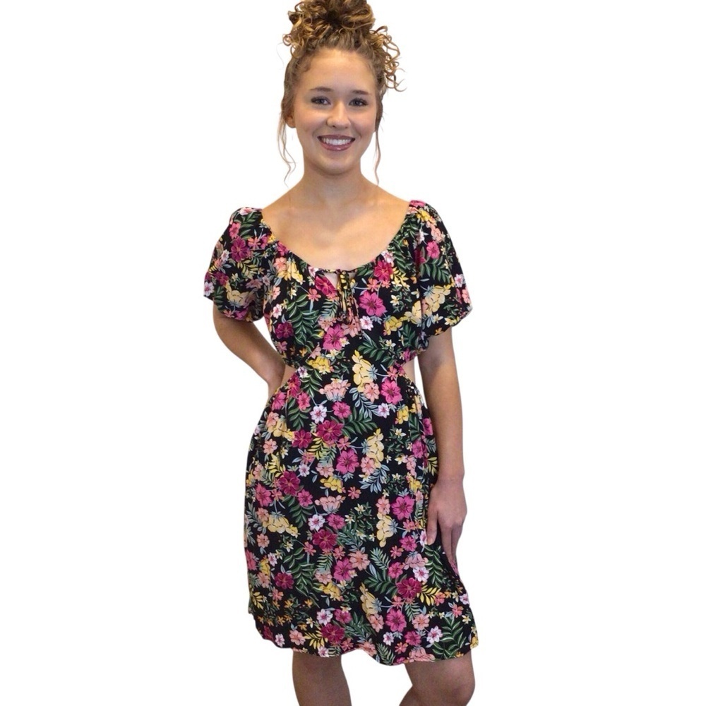Liberty Love Floral Cutout Dress Juniors L Puff Sleeve Boho Summer